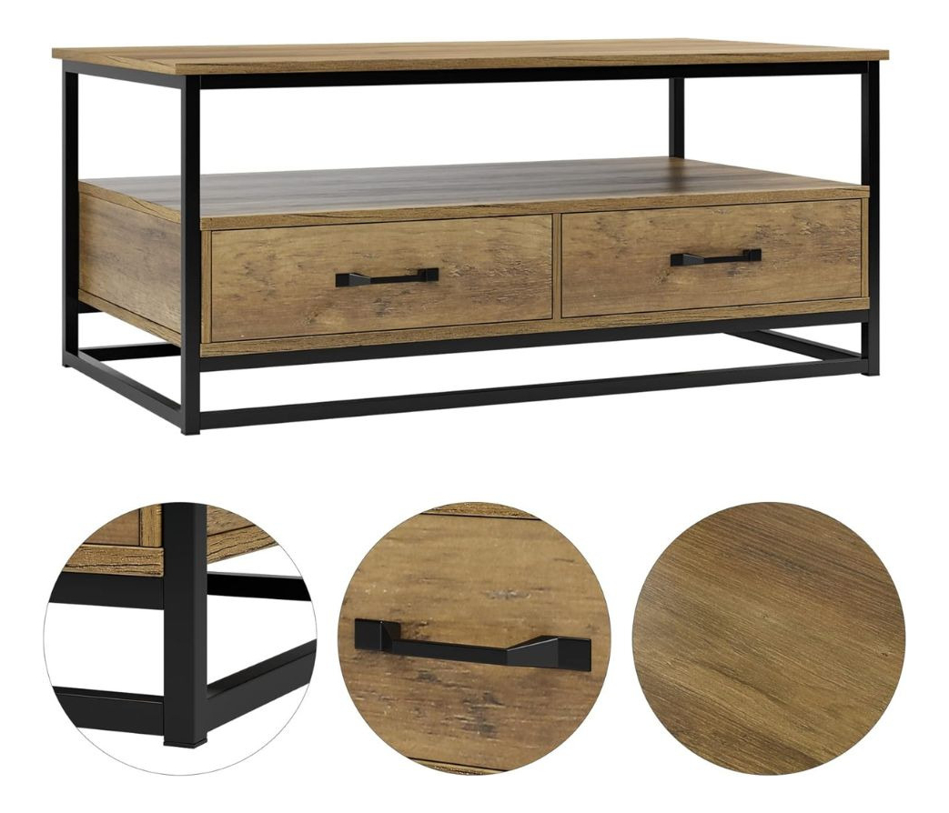 Mesa De Centro Ratona Estilo Industrial Cajones - Imagen 5