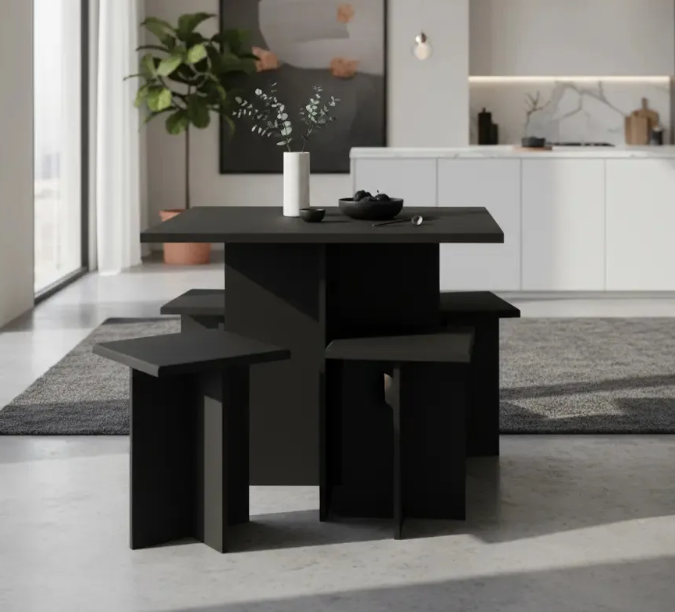 Juego Comedor 4 Sillas - Mesa + Banquetas - Desayunador - Negro - Imagen 2