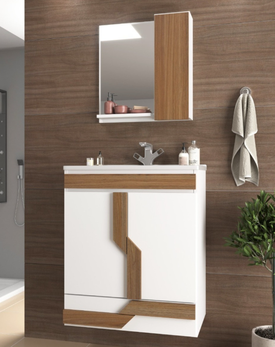 Mueble Baño + Botiquin - Espejo + Pileta - Juego De Baño - Blanco/Noce - Imagen 2