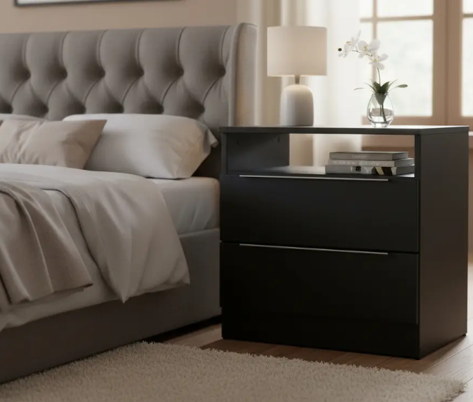 Mesa De Luz Dormitorio Auxiliar Cajones - Negro - Imagen 2